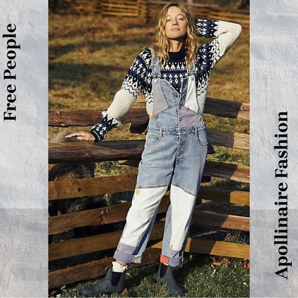 FREE PEOPLE PIECED PATCH WORK OVERALLS IN BLUE COMBO MEDIUM NEW